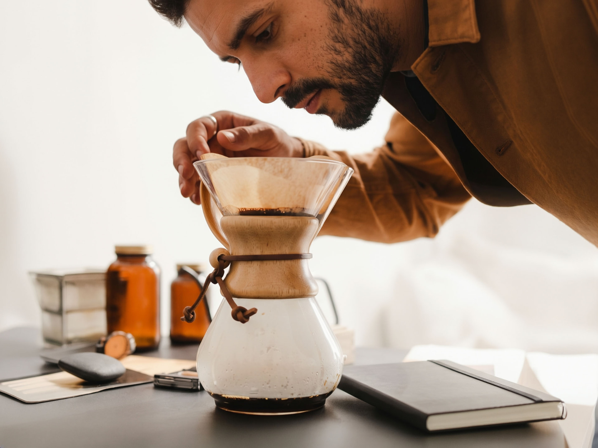 Bearded barista in a tan overshirt leaning close to smell coffee brewing in a glass pour-over carafe on a dark counter